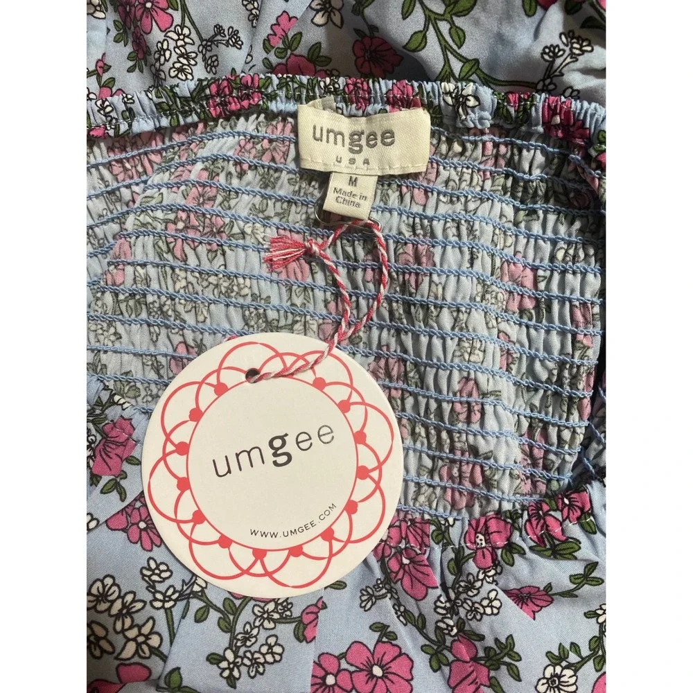 Umgee USA Blue Pink Floral Square Neck Smocked Cutout Midi Dress Women's Size M - Picture 4 of 4